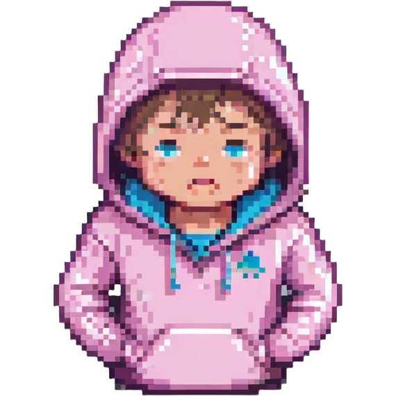 crying guy in a pink hoodie, pixel art style emoji