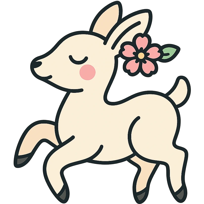 feminine adult vanilla cloud doe with rosy cheeks and cherry flowers, floating gracefully, minimalist style, brand identity, social media emoji