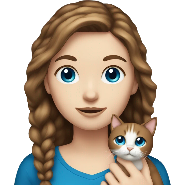 white girl with brown hair and blue eyes holding cat emoji