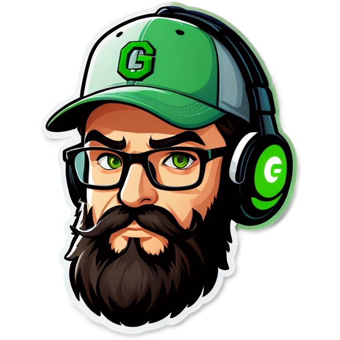 A man with a grey baseball cap, green eyes, big dark brown beard and glasses, gamers headset emoji
