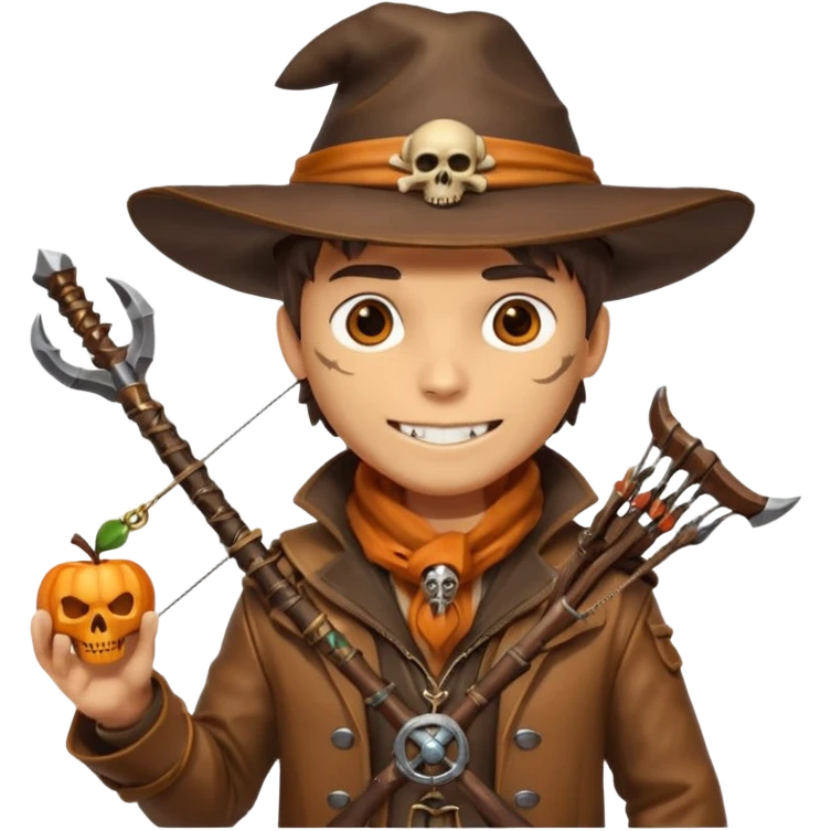 male human monster hunter emoji, wearing brown leather coat and wide hat, holding crossbow, with amulet shaped like skull, Halloween fantasy theme, confident smile, orange scarf, Apple emoji style, clean white background, square image emoji