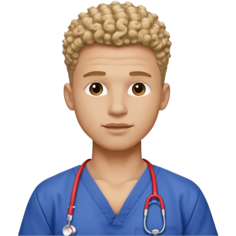 Ripped, athletic man with thick neck, high top fade with no part, curly hair only top only, no shirt and show waistline up add scrubs emoji