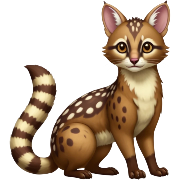 Colorful dark realistic chocolate-brown tropical beige fur glorious divine exotic cute cool beautiful shiny beautiful fantasy-Furret-caracal-civet-genet-sergal-vernid-Cacomistle-oncilla-animal-hybrid-fursona with white deer-spots pattern markings (full body) emoji