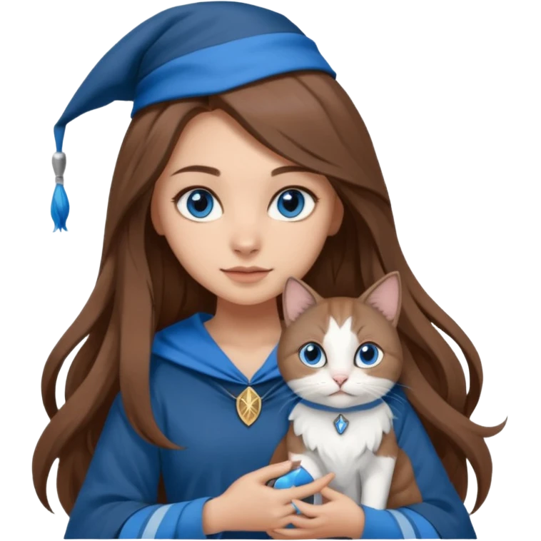 gorgeous Girl with light skin, blue eyes, long brown hair, wears a ravenclaw outfit, with a grey and white cat holding in her arms emoji