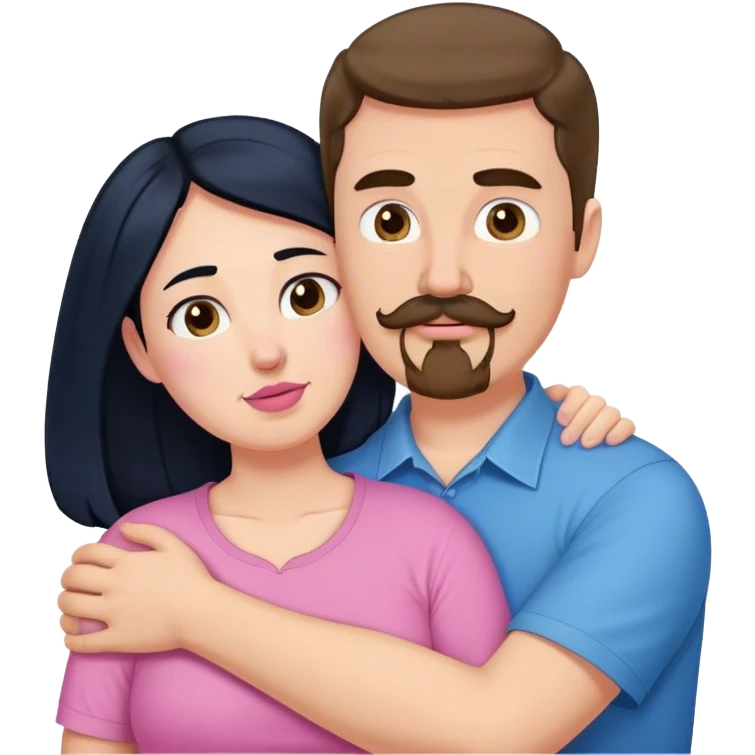 Tall white man with brown mustache goatee wearing blue hugging a chubby short pale woman with long black hair wearing pink emoji