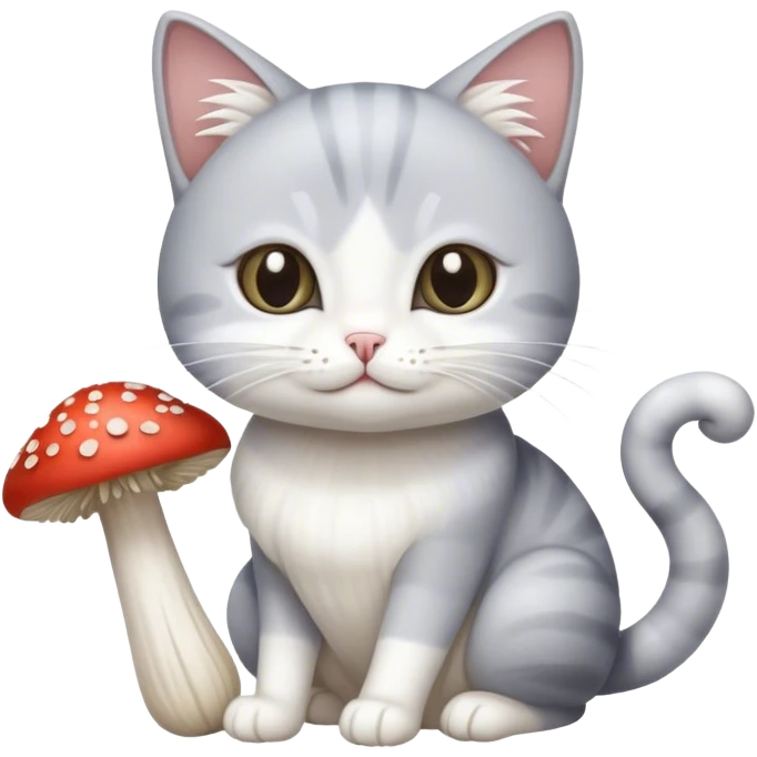 Grey white cat with enoki white mushrooms emoji