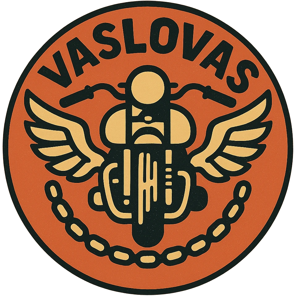 circular design for motorcycle cap, transparent background, text 'Vaslovas' in Hungarian, powerful style, motorcycle motifs like motorcycle, chain, wings emoji