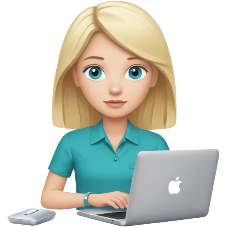 Generate blonde blue eyed woman technologist with mac laptop (code U+1F469 U+1F3FB U+200D U+1F4BB) with Teal shirt (not the purple one) dont change other features emoji