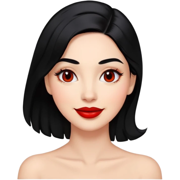 female face with black eyes, black hair at neck level, full red lips, smiling emoji