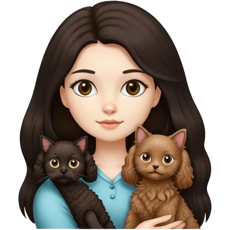 女仔黑色直長頭髮，抱住一隻啡色小型貴賓犬， 同埋一隻長毛布偶貓 emoji