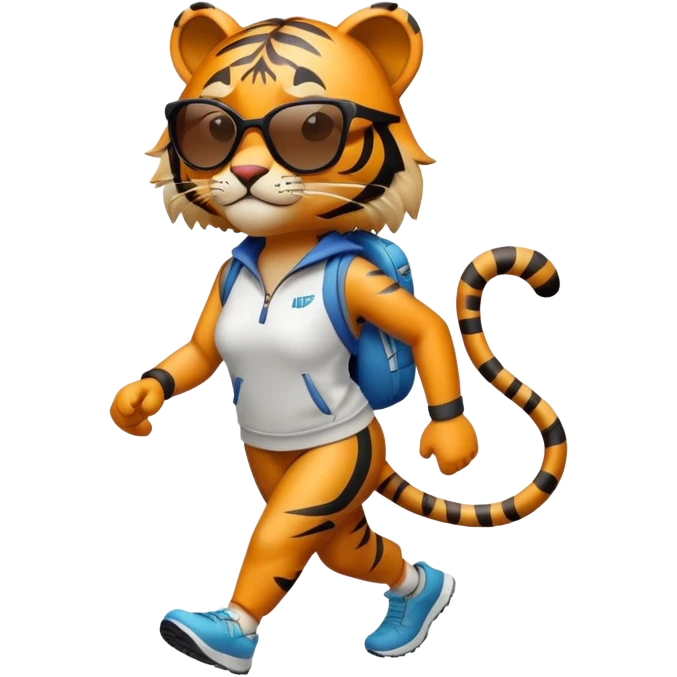 female energetic anthropomorphised tiger in sports clothes, wearing dark sunglasses, walking upright, dynamic pose emoji