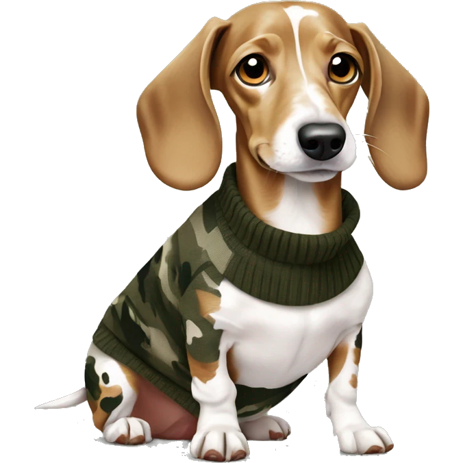 White spotted dachshund in camo sweater  emoji