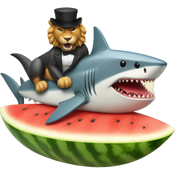Shark with a top hat on a surfboard eating watermelon while riding a lion emoji
