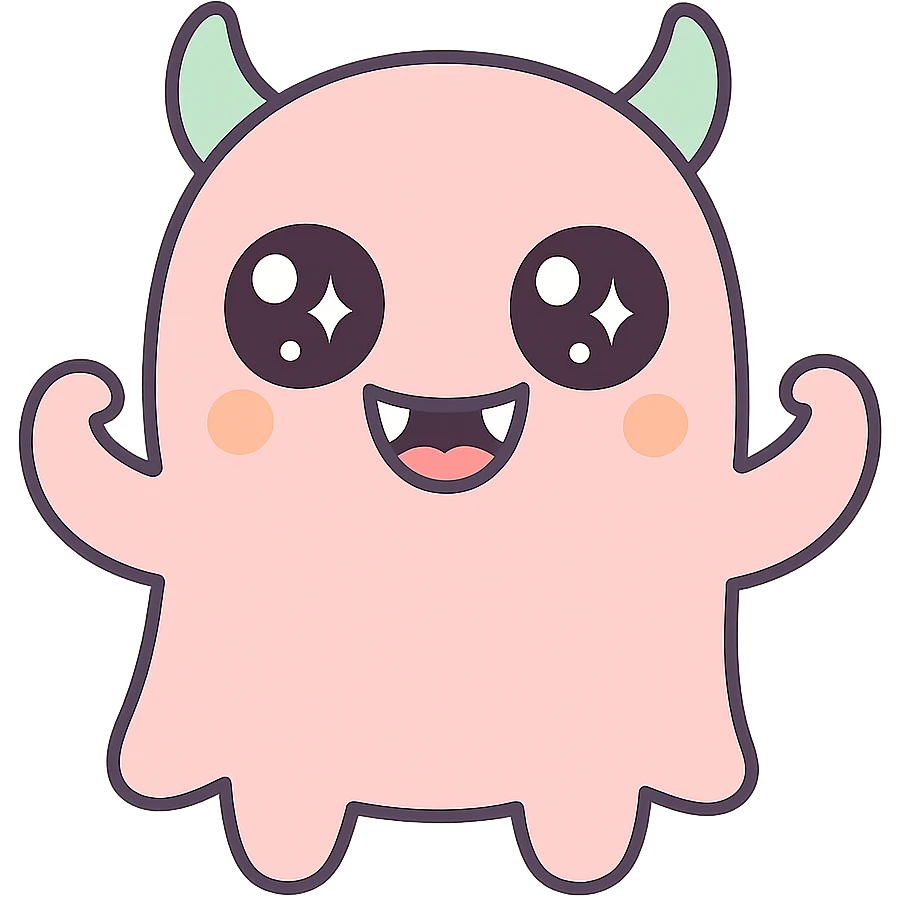 scary cute man, big eyes, fangs, playful expression, kawaii style emoji