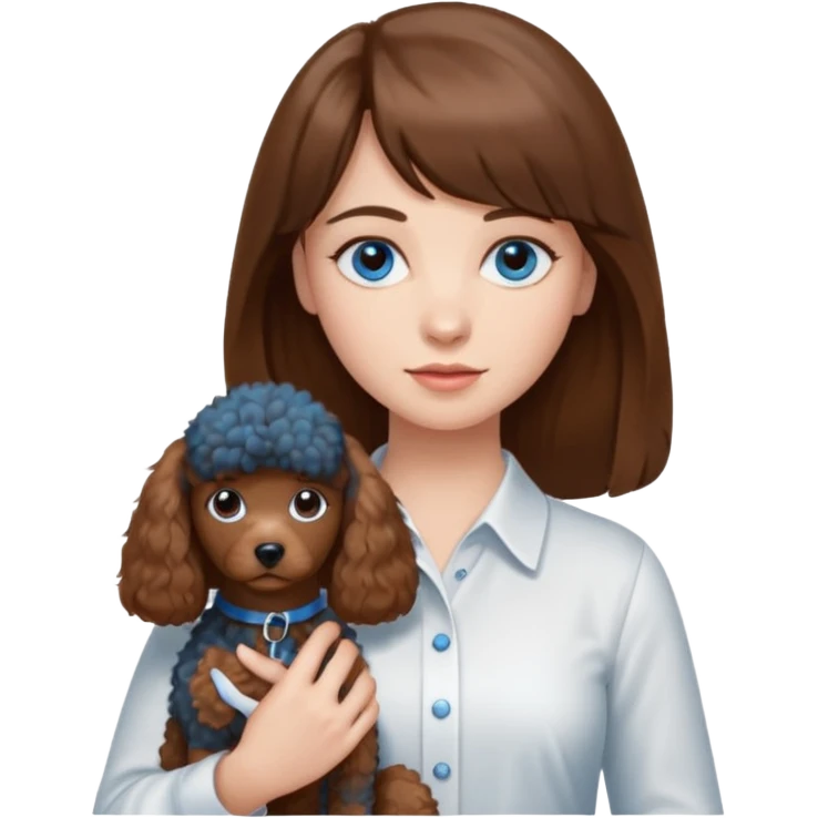 Kobieta z długimi brązowymi włosami, grzywką i niebieskimi oczami. Ubrana jest w białą koszulę. Trzyma na rękach małego brązowego pudelka. emoji