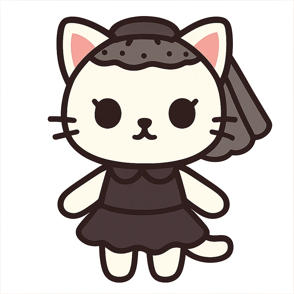 flat toon style white baby cat wearing a black mini dress and black veil emoji