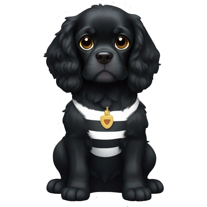 Small completely black king spaniel with black fur on his whole face and white stripe on chest emoji