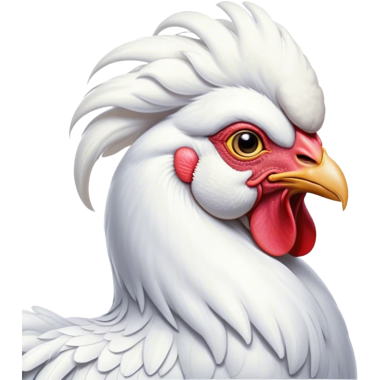 Cinematic Noble White Rooster Portrait Emoji, Poised and regal, with a robust, commanding build and a pristine, well-groomed pure white plumage, deep-set soulful piercing eyes, Simplified yet sharp and sophisticated features, highly detailed, glowing with a soft, dignified glow, high shine, intelligent and proud, stylized with an air of barnyard majesty, focused and attentive, soft glowing outline, capturing the essence of a watchful and confident leader, so majestic it feels as though it could crow out of the screen with effortless authority! emoji