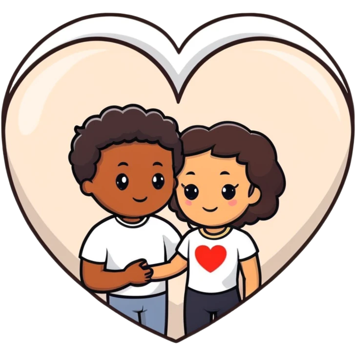 A couple with dark brown hair and mixed skin tone inside a white heart emoji