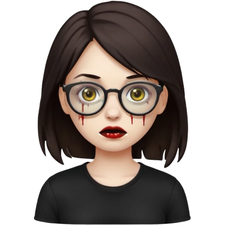 apple emoji zombie girl with dark brown emo hair and black shirt and glasses emoji