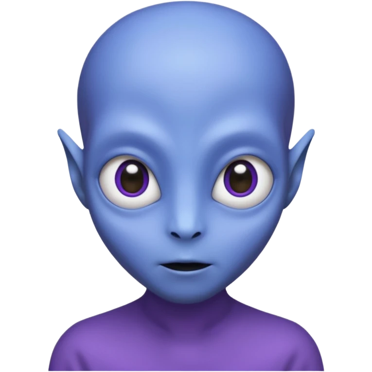 Portrait of an alien with smooth purple-blue skin, large black oval eyes, small nose, and no visible ears, elongated head, front-facing, wearing brown t-shirt, soft glow, simple futuristic design emoji