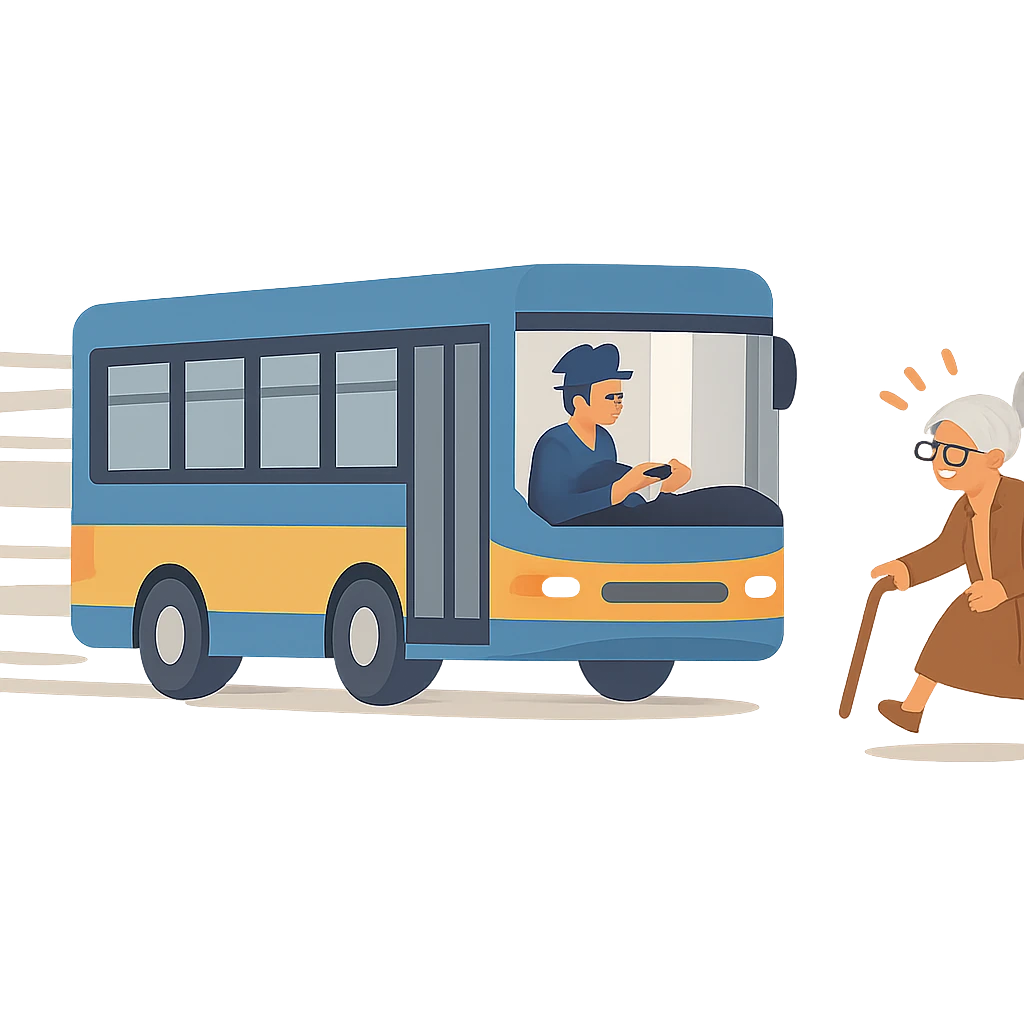flat design style bus with a driver that goes really fast from old lady emoji