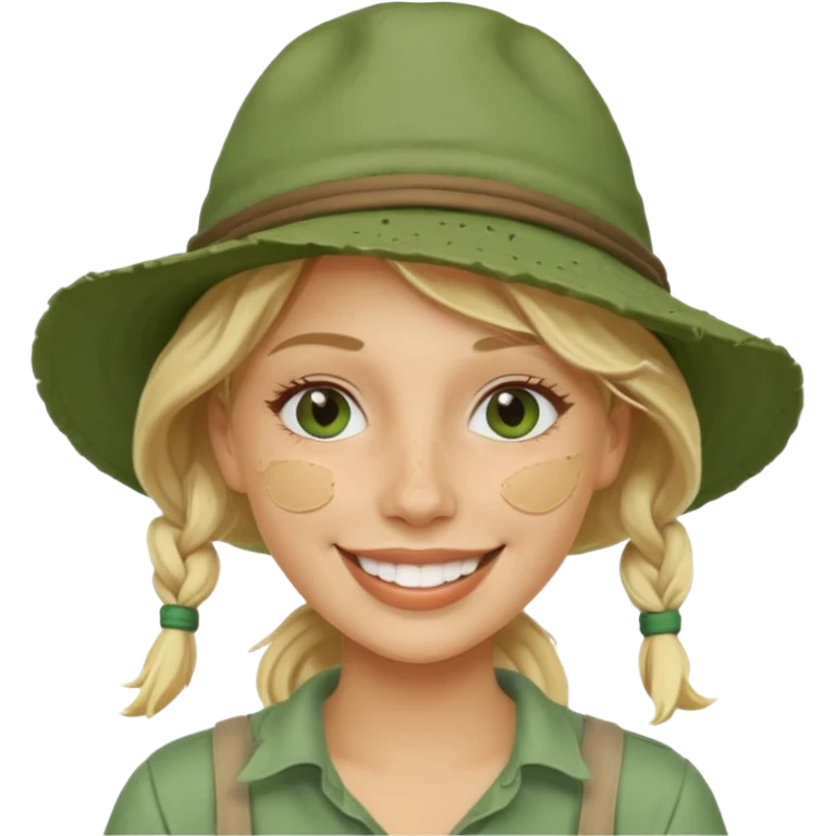 messy green full face clay mask and tourist hat blond woman  smiling and clay mask on full face emoji