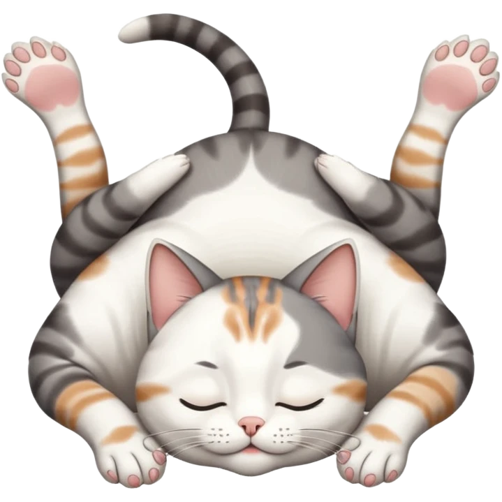 grey and white small cat eyes closed lying down upside down with paws stretched out straight in different directions emoji