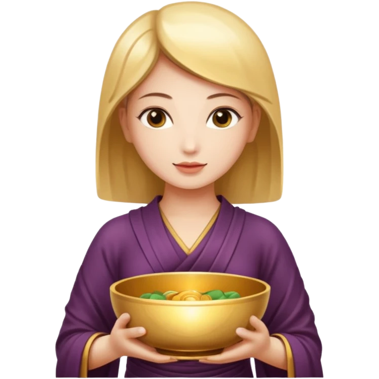 A woman  holds a Buddhist bowl in her hands. There is a glow around the girl. emoji