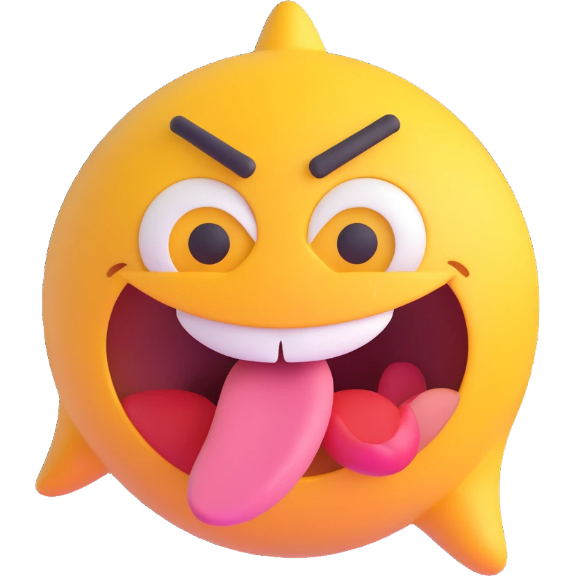 Make the expression even wilder with eyes looking in different directions, huge open mouth, tongue out, chaotic and silly, front facing, transparent background in 3D emoji style. emoji