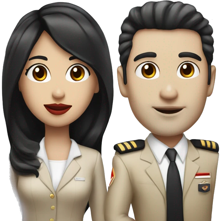 Flight attendant with long black hair, red lips and white skin with a pilot man with beige skin and black hair emoji