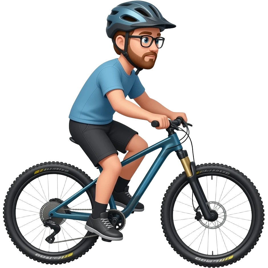 light brown hair guy with a helmet, glasses  and a small beard doing mountain bike emoji