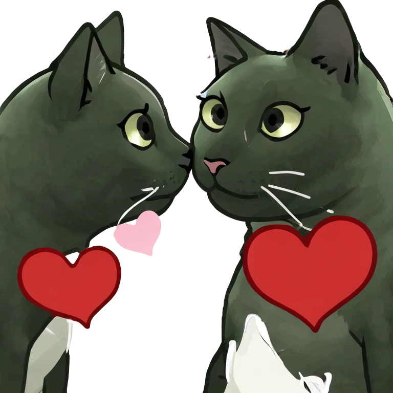 Big black cat is kissing a small white cat with hearts above emoji