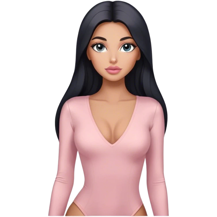 Glamours, tanned, very beautiful girl, with big pump peach-beige-rose lips, long long lashes, black straight smooth silky long hair, straight parting hair, blue-grey eyes in light pink long-sleeves v-neck bodysuit emoji