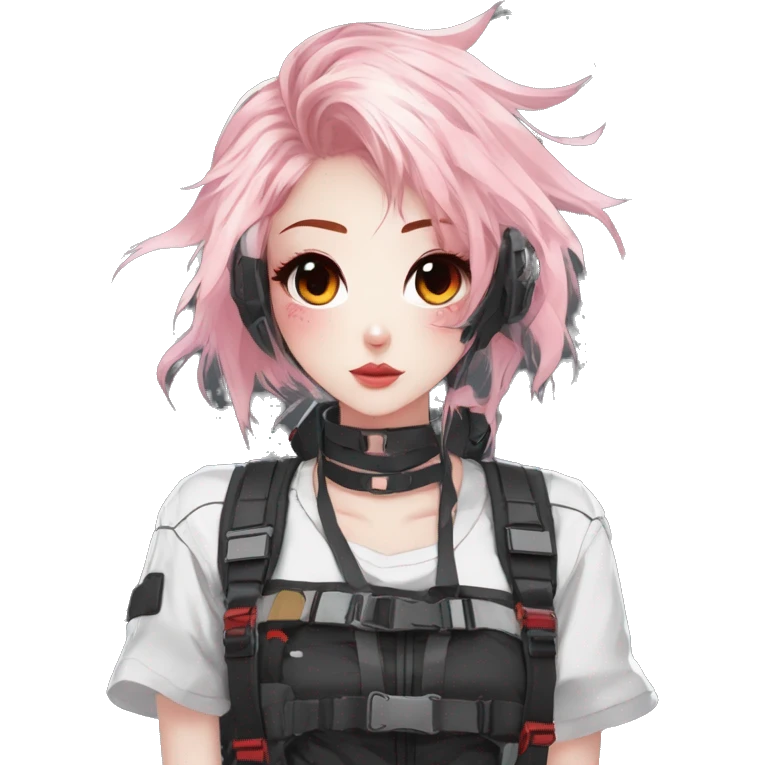 Gorgeous pastel techwear anime style lady with blushing face aesthetic and pretty edgy black red white punk messy hair with collar and harness trending style emoji