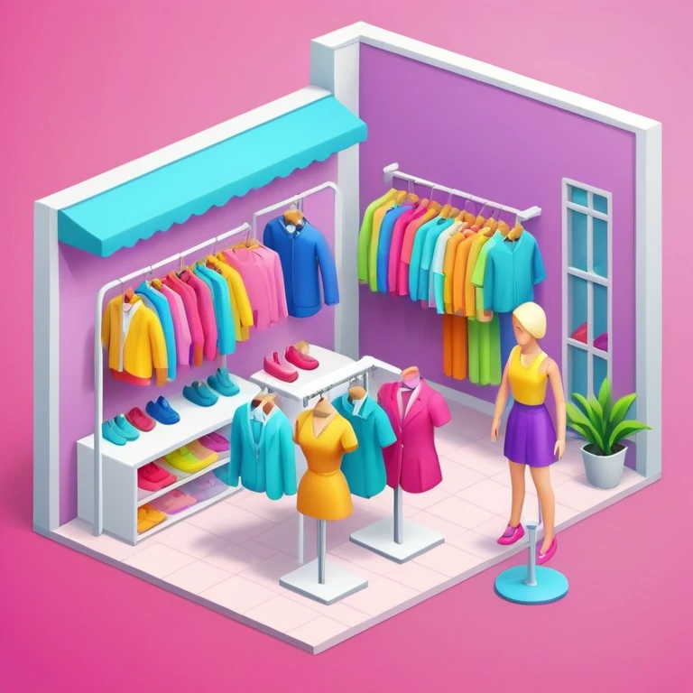 isometric clothing boutique shop with mannequins and colorful clothes emoji