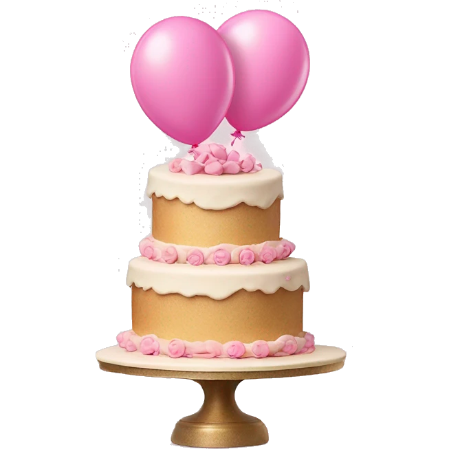 3 tier cake with bows and vintage frosting design  with pink balloons floating in background  emoji