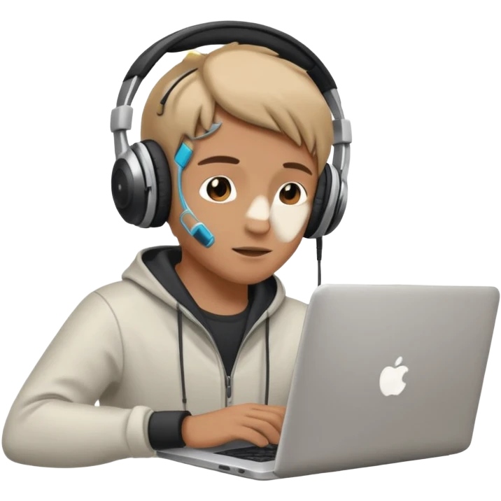 laptop ile çalışan kulaklık tana biri, bilgisayar logosuz olsun emoji