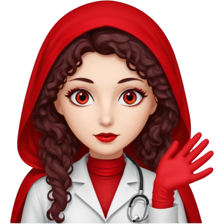 Lilith scalpel in hand, evil surgeon outfit.  She has red eyes. She has dark brown curly hair. Hair is long . Wears sexy doctor outfit with red gloves. Clears, mouth with Muslim red burka emoji