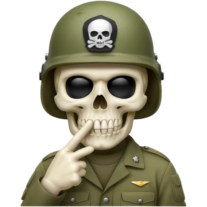 A bold emoji-style bodyless white skull wearing a realistic modern army helmet, making a shushing gesture (index finger bone held up to mouth area). Clean vector style,modern emoji aesthetic.The helmet has detailed realistic texture. emoji