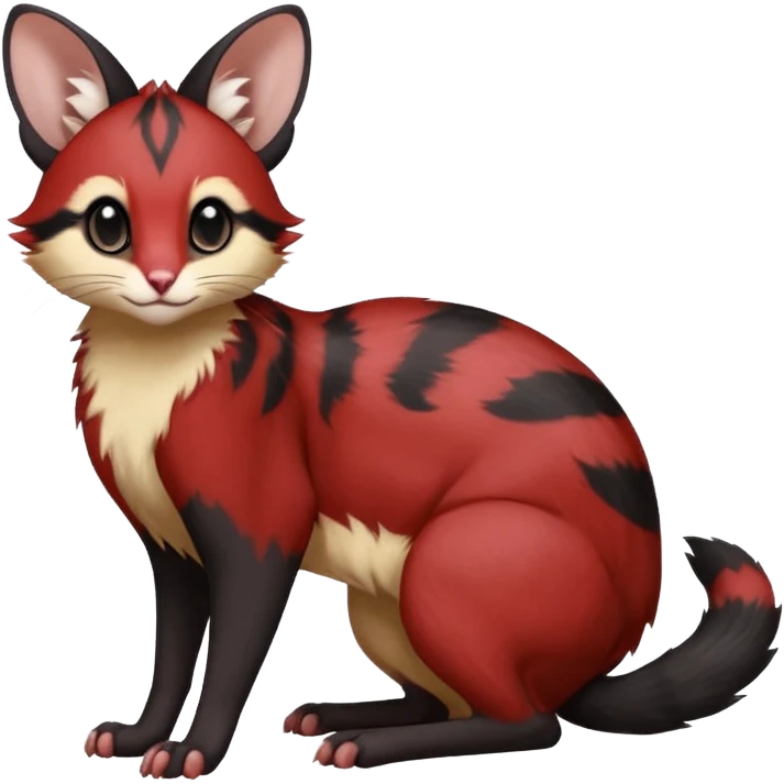 Sanguine-Red, black-pointed, soft natural realistic romantic vintage antique divine beautiful elegant pretty precious cute young youthful  Fakémon-Pokémon-opossum-feline-mouse-serval-caracal-chinchilla-Minccino-Cinccino-Meowstic-rodent-hybrid-creature with a big fluffy bushy tail (full body) emoji