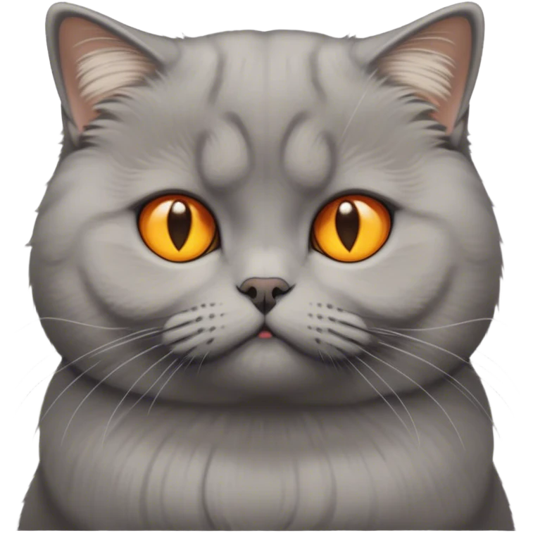 The photo shows a cat with a dense physique, short plush gray wool. His tail is fluffy and slightly darker than the rest of the wool. The cat has large round eyes of rich yellow-orange color, which give it an expressive and slightly surprised look. The ears are small and curved forward - this is a characteristic feature of the Scottish lop-eared breed. This cat looks at emojis condemningly emoji