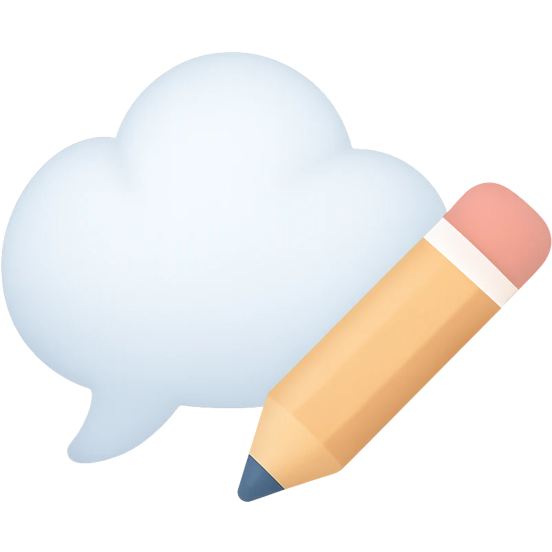 comic style speech bubble shaped like a cloud with a pen or pencil next to it representing a post caption as a comment colorful style emoji