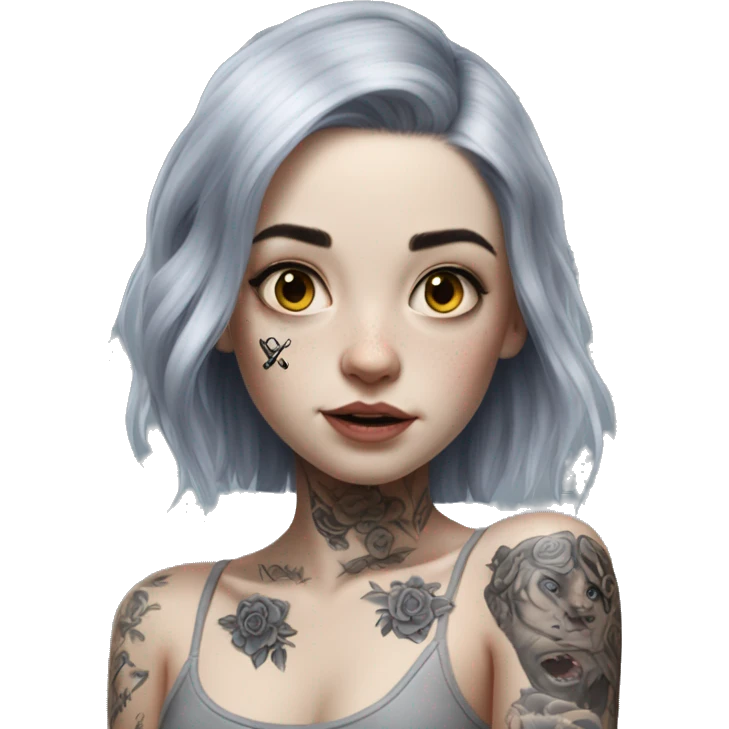 Hyperrealistic Pale girl with black hair arm tattoos emoji