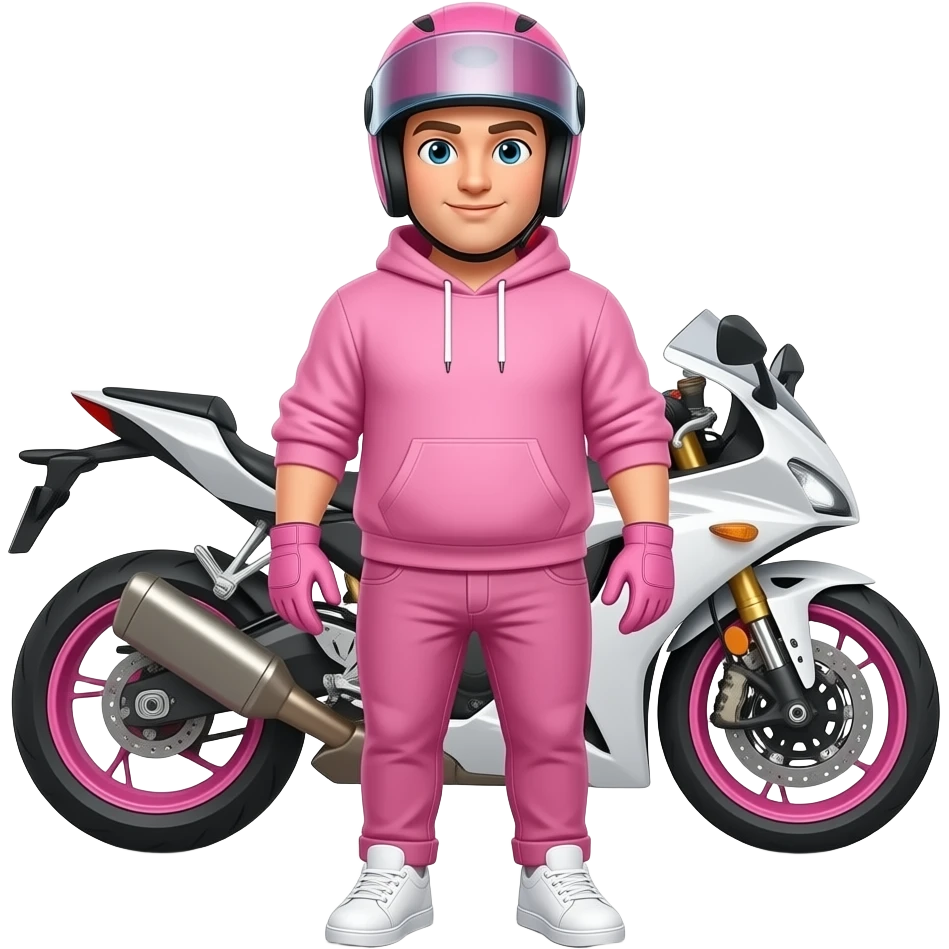 young full-figured man with pink jeans and a pink hoodie wearing white pink sneakers and pink gloves, also he wears a pink motorcycle helmet with vision and stands in front of a pink white motorcycle emoji