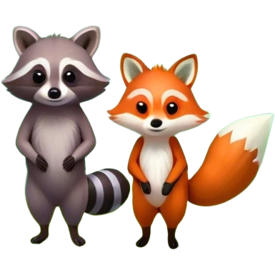 raccoon and a fox among a colorful forest with vibrant green trees, bushes and flowers. The animals are in the foreground, surrounded by a lush, bright forest, with soft sunlight filtering through the leaves. A playful photo-realistic and wild scene with a transparent background. emoji