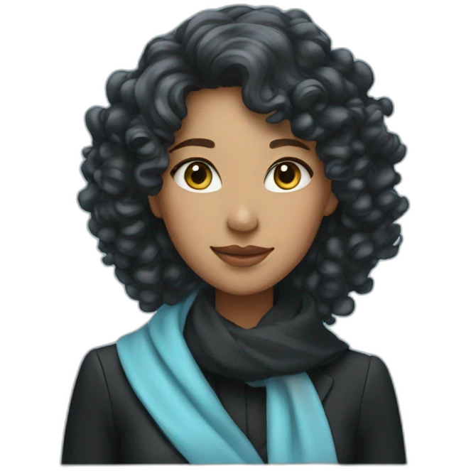 woman with elegant black suit and light blue scarf, long curly hair emoji