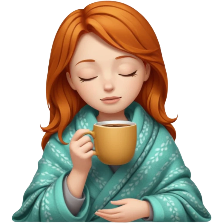 girl with ginger hair inside a blanket sipping coffee eyes closed emoji