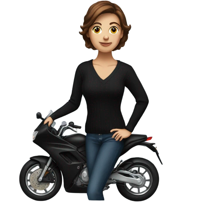 Beautiful woman with short brown hair in black V-neck sweater sitting on motorcycle emoji