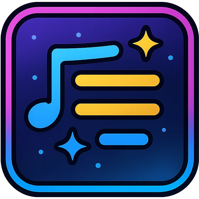 animated lyrics icon with dark purple, blue, and black base, bright accents, complex gradients, stars, bright neon border, modern recognizable abstract lyrics symbol, subtle glowing and moving stars neon effects, sophisticated futuristic style emoji
